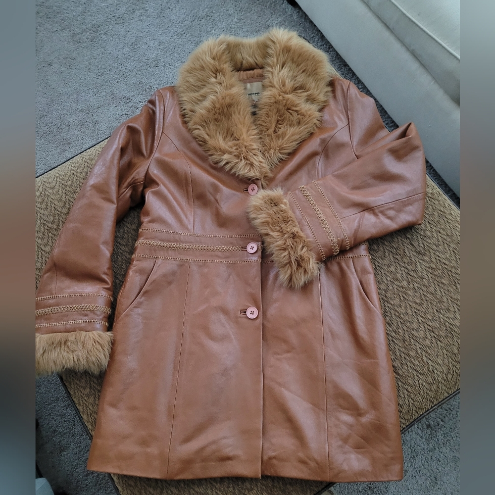 Women's Tan Leather Faux Fur Trim Coat